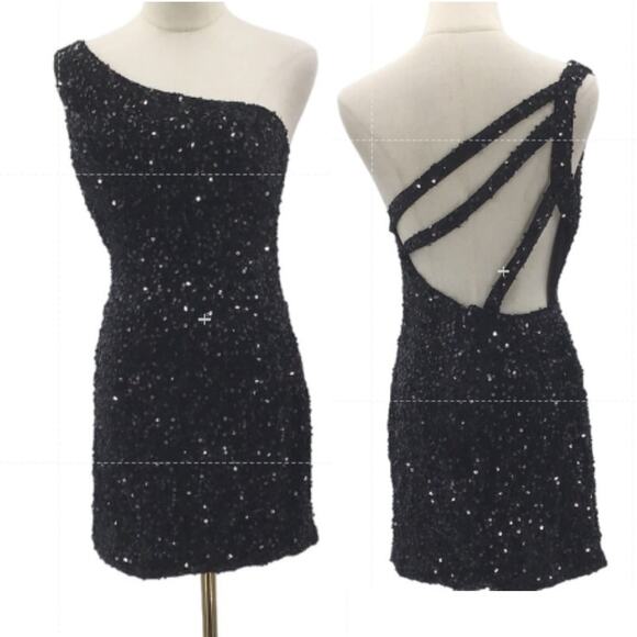 PARTY 6 M black sequin velvet stretch asymmetric stretch bodycon dress NEW B95 - Picture 1 of 8